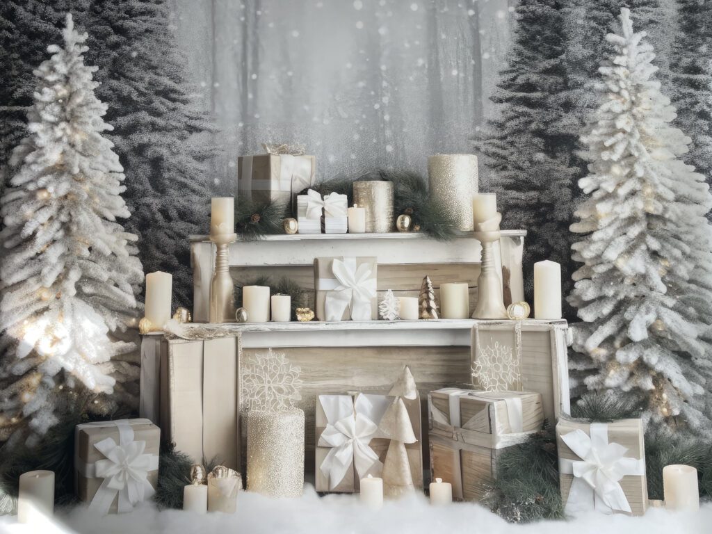 Winter White Themed backdrop for Holiday Mini Sessions at Just Peachy Photography Palatine IL